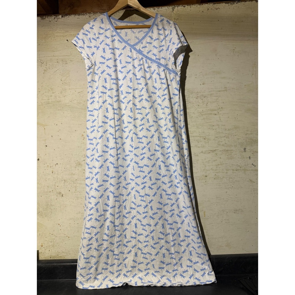 Garnet Hill Cotton Dragonfly Nightgown White Blue Surplice Maxi Sleepwear Large